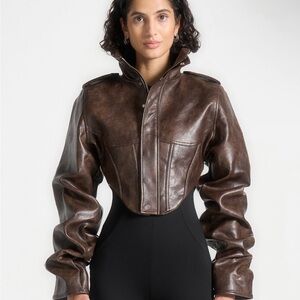 Maniere De Voir Vintage Leather Tacked Sleeve Corset Jacket